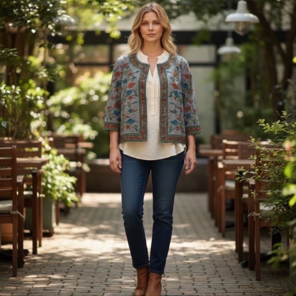 Parsley & Sage Cotton Embroidered Jacket Women 3X Grey Boho Floral Acid Wash Top